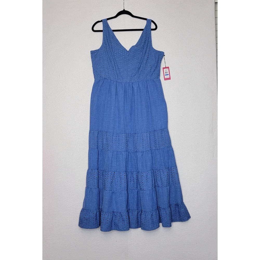 Vince Camuto Summer Swirl Eyelet Tiered Maxi Dress Sapphire Blue 9122595 XL NEW